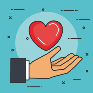 Round image of a two toned blue background and a stretched out hand. Above the hand is a heart.