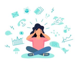 Animated picture of a girl sitting with her legs crossed on the ground holding her head because she has Information Overload.