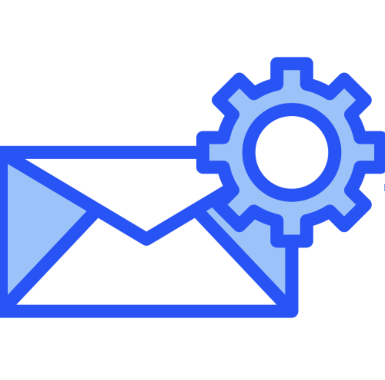 Envelope with a gear icon, showing how Fenway Group works with printed materials and mail house.